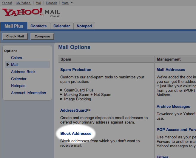 Unblocking email addresses in Yahoo